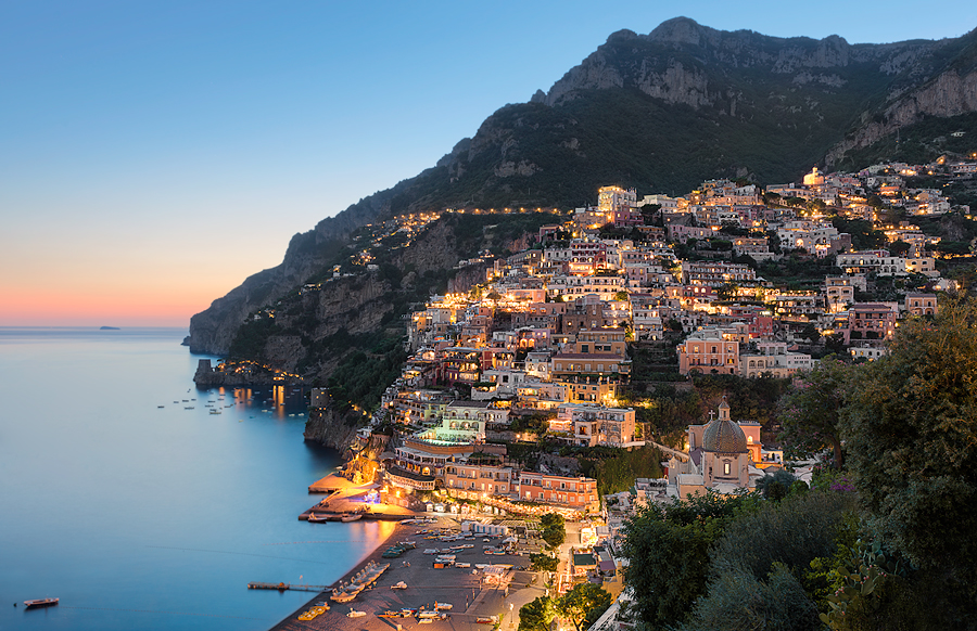 After the sun sets in Positano, one of the most beautiful towns along the Amalfi Coast.
